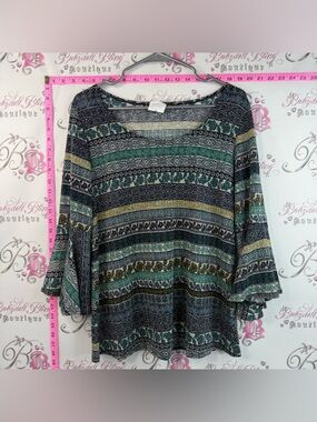 Clientele Long Sleeve Bohemian Striped Tunic Top in Green and Navy Sparkly